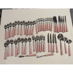 52 Pc VTG Oxford Hall Japan Pink Resin Flatware Set MCM Retro Silverware Lot